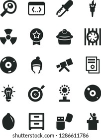 Solid Black Vector Icon Set - winter hat vector, nightstand, muffin, lime, scientific publication, bulb, radiator fan, cd, usb flash, coding, telescope, nuclear, pipette, artifical insimination, cup