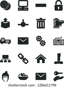 Solid Black Vector Icon Set - bin vector, keyboard, spectacles, minus, camera roll, winter hat, house, envelope, lock, unpacking, a plate of fruit, biscuit, scheme, computer, connect, projector