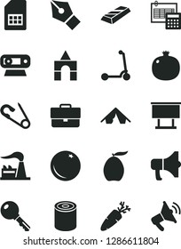 Solid Black Vector Icon Set - briefcase vector, open pin, box of bricks, child Kick scooter, calculation, key, megaphone, tin, carrot, orange, pomegranate, loquat, factory, SIM card, billboard, tent