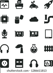 Solid Black Vector Icon Set - desktop microphone vector, power socket type b, new radiator, headphones, cardiogram, round flask, water pipes, manufacture, environmentally friendly transport, rocket