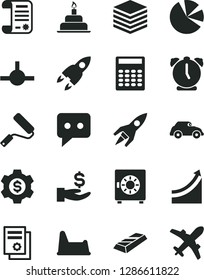 Solid Black Vector Icon Set - potty chair vector, birthday cake, new roller, alarm clock, pile, strongbox, retro car, get a wage, pie charts, research article, scientific publication, think, connect