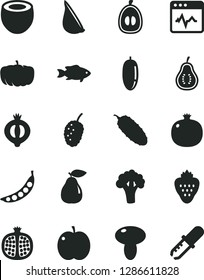 Solid Black Vector Icon Set - cardiogram vector, mushroom, cucumber, garlic, fish, strawberry, apple, pomegranate, half, pear, of medlar, tasty mulberry, date fruit, loquat, coconut, part guava