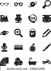 Solid Black Vector Icon Set - tassel vector, zoom, nappy, small teddy bear, children's train, paint bucket, sample of colour, bath, brick, 24, blueberries, half guawa, magnifier, pencil, glasses