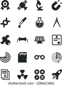 Solid Black Vector Icon Set - math actions vector, round flask, scientific publication, sd card, microscope, glasses, nuclear, dna, satellite, pipette, magnet, drawing compass, radar, medal, patente