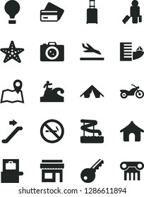 Solid Black Vector Icon Set - air balloon vector, motorcycle, escalator, passenger, rolling suitcase, baggage scanner, arrival, credit card, hotel, boungalow, tent, aquapark, starfish, surfing, map