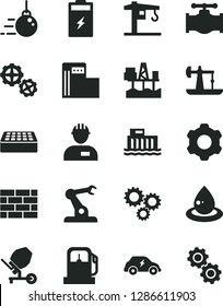 Solid Black Vector Icon Set - crane vector, workman, brickwork, big core, gears, cogwheel, concrete mixer, brick, commercial seaport, charging battery, oil derrick, gas station, modern, valve, three