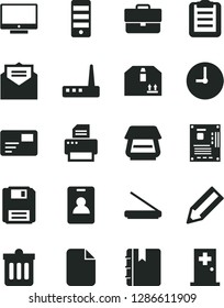 Solid Black Vector Icon Set - briefcase vector, wall clock, received letter, dust bin, notebook, screen, pass card, cardboard box, pencil, pc tower, motherboard, router, printer, scanner, floppy