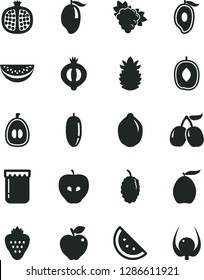 Solid Black Vector Icon Set - jam vector, strawberry, orange slice, half pomegranate, branch of grape, red apple, tasty, medlar, mulberry, cornels, mango, loquat, delicious plum, water melon, lime