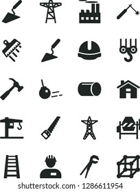 Solid Black Vector Icon Set - house vector, crane, workman, winch hook, trowel, building, concrete mixer, adjustable wrench, arm saw, stepladder, construction helmet, spatula, hammer with claw, core