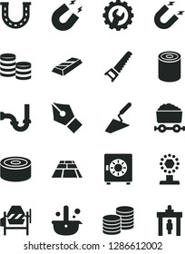 Solid Black Vector Icon Set - trowel vector, concrete mixer, hand saw, sewerage, gear, paving slab, strongbox, coins, canned goods, tin, magnet, metallurgy, trolley with coal, ink pen, cup, gold bar