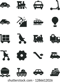 Solid Black Vector Icon Set - truck lorry vector, cargo trolley, summer stroller, sitting, motor vehicle, baby toy train, child Kick scooter, car, delivery, coal mining, electric transport, retro