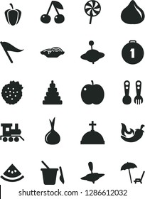 Solid Black Vector Icon Set - wind direction indicator vector, stacking toy, children's sand set, plastic fork spoons, baby train, yule, small, slices of onion, chili, lollipop, strawberries, cherry