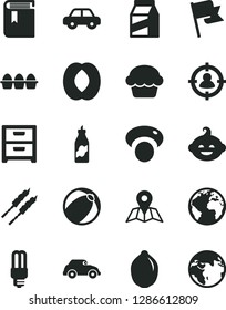 Solid Black Vector Icon Set - sign of the planet vector, book, baby bath ball, motor vehicle, funny hairdo, map, flag, nightstand, package, bundle eggs, cake, barbecue, liquor, half peach, lime