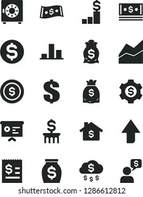 Solid Black Vector Icon Set - upward direction vector, dollar, line chart, strongbox, article on the, money, dollars, cash, financial report, rain, coin, mortgage, pedestal, bag, column, gear