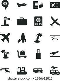 Solid Black Vector Icon Set - passport vector, coastal lighthouse, helicopter, dollar pin, plane, bus, passenger, suitcase, rolling, ticket, departure, hotel, beach, palm tree, pool, baggage