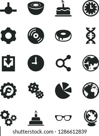 Solid Black Vector Icon Set - sign of the planet vector, clock face, download archive data, birthday cake, cogwheel, star gear, wall, CD, with a hole, kiwi, gears, connections, pie charts, connect
