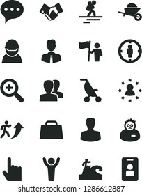 Solid Black Vector Icon Set - zoom vector, women, summer stroller, garden trolley, employee, index finger, speech, racer, woman, goal, handclasp, hand bag, scientist, man arrow up, hands, hold flag