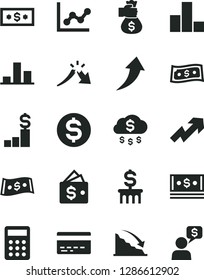 Solid Black Vector Icon Set - bank card vector, growth up, bar chart, graph, recession, a crisis, dollar, cash, calculator, money bag hand, arrow, rain, pedestal, column, wallet, dialog