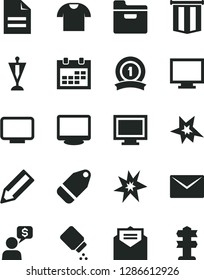 Solid Black Vector Icon Set - monitor vector, window, calendar, scribbled paper, baby powder, envelope, received letter, folder, T shirt, label, pencil, bang, pennant, medal ribbon, flag, signpost