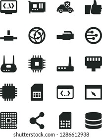 Solid Black Vector Icon Set - thumb up vector, autopilot, processor, SIM card, connection, cpu, pc, router, network, browser, connect, coding, lan connector, big data