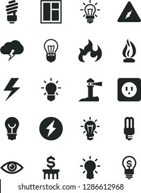 Solid Black Vector Icon Set - lightning vector, window, saving light bulb, power socket type b, eye, storm cloud, mercury, coastal lighthouse, electricity, flame, dollar column, idea