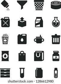 Solid Black Vector Icon Set - wicker pot vector, storage unit, mug for feeding, baby powder, dust bin, bag with handles, package, unpacking, canned goods, cup of popcorn, jar jam, round flask, oil