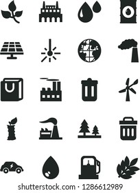 Solid Black Vector Icon Set - drop vector, bag with handles, apple stub, solar panel, leaves, gas station, wind energy, manufacture, factory, oil, forest, industrial building, electric transport