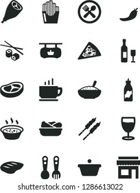 Solid Black Vector Icon Set - plastic fork spoons vector, coffee, piece of pizza, a bowl rice porridge, in saucepan, lettuce plate, grill chicken leg, bacon, chop, barbecue, fried potato slices, pan