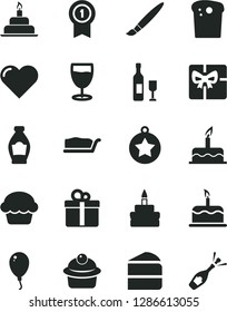 Solid Black Vector Icon Set - tassel vector, balloon, cake, birthday, heart, gift, Easter, muffin, piece of, slice, glass, bottle, giftbox, star medal, with pennant, wine, champagne