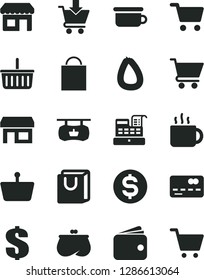 Solid Black Vector Icon Set - paper bag vector, grocery basket, dollar, children's potty, cart, put in, with handles, stick of sausage, cup tea, kiosk, stall, shopping, antique advertising signboard