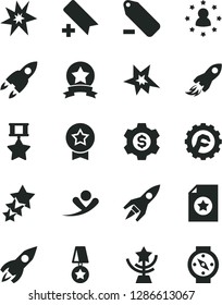 Solid Black Vector Icon Set - add bookmark vector, remove label, star gear, rocket, space, bang, cup, medal, hero, ribbon, certificate, dollar, stars around man, three, flying, compass