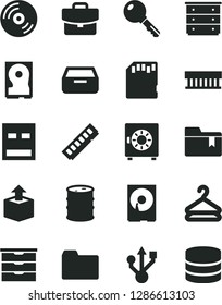 Solid Black Vector Icon Set - folder vector, bookmark, storage unit, chest of drawers, key, CD, suitcase, drawer, strongbox, hanger, unpacking, barrel, radiator fan, memory, hdd, usb, sd card
