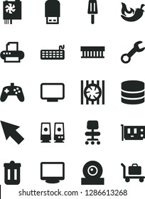 Solid Black Vector Icon Set - chili vector, popsicle, radiator fan, keyboard, pc power supply, card, monitor, web camera, printer, usb flash, speaker, trash bin, joystick, chair, big data, repair