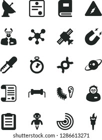 Solid Black Vector Icon Set - research article vector, molecule, electricity, dna, satellite, bactery, book, pipette, magnet, scientist, clipboard, radar, robot, antenna, saturn, stopwatch, patente