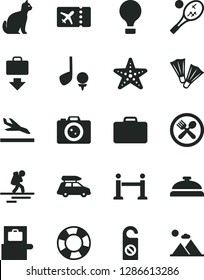 Solid Black Vector Icon Set - Car Baggage Vector, Air Balloon, Backpacker, Rope Barrier, Suitcase, Scanner, Plane Ticket, Getting, Arrival, Cafe, Starfish, Flippers, Camera, Tennis, Pets, Golf