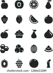 Solid Black Vector Icon Set - muffin vector, strawberry, pear, orange slice, honeycombs, peach, ripe, half apricot, pomegranate, large grape, fig, tasty raspberry, blueberries, melon, delicious plum