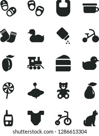 Solid Black Vector Icon Set - baby powder vector, bib, Child T shirt, rubber duck, duckling, warm socks, toy mobile phone, children's potty, teddy bear, train, yule, bicycle, tricycle, piece of cake