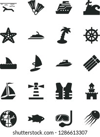 Solid Black Vector Icon Set - fish vector, lighthouse, planet, sand castle, sail boat, beach, palm tree, starfish, flippers, diving mask, surfing, handwheel, life vest, jet ski, cruiser, shark fin