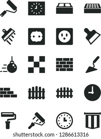 Solid Black Vector Icon Set - paint roller vector, brickwork, brick wall, big core, building trowel, new, power socket type f, tile, block, putty knife, spatula, fence, hedge, clock, watch, black