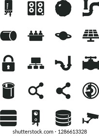 Solid Black Vector Icon Set - sewerage vector, boiler, electronic, lock, big data, planet, cabbage, solar panel, valve, water pipes, pipe, court hearing, connection, connections, scheme, pc speaker