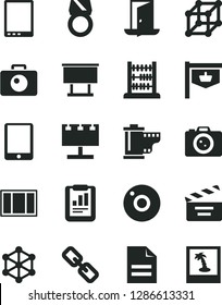 Solid Black Vector Icon Set - camera vector, scribbled paper, spectacles, roll, movie cracker, abacus, window frame, vintage sign, billboard with illumination, statistical report, tablet pc, 3d cube