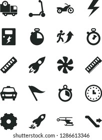 Solid Black Vector Icon Set - truck lorry vector, lightning, wind direction indicator, child Kick scooter, dangers, timer, car, delivery, marine propeller, rocket, space, wall watch, memory