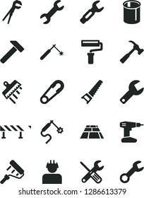 Solid Black Vector Icon Set - paint roller vector, repair key, safety pin, small tools, adjustable wrench, drill, hand saw, spatula, paving slab, road fence, hammer, with claw, builder, pipes, gas