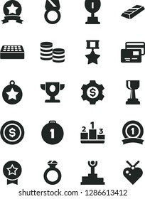 Solid Black Vector Icon Set - brick vector, cards, pedestal, coins, winner podium, prize, award, gold cup, star medal, first place, ribbon, hero, diamond ring, bar, dollar coin, gear, heart pendant