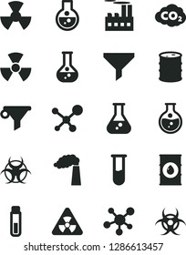 Solid Black Vector Icon Set - round flask vector, manufacture, oil, barrel, industrial building, radiation, carbon dyoxide, filter, water, test tube, molecule, nuclear, biohazard