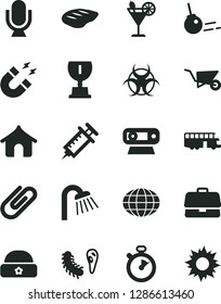 Solid Black Vector Icon Set - warm hat vector, building trolley, shower, core, microphone, clip, chop, cocktail, briefcase, globe, web camera, bactery, biohazard, magnet, syringe, stopwatch, award