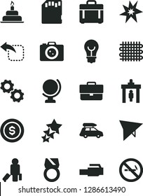 Solid Black Vector Icon Set - briefcase vector, birthday cake, bulb, globe, case, move left, weaving, lan connector, sd card, gears, bang, gold ring, dollar coin, three stars, car baggage, passenger