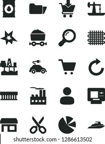 Solid Black Vector Icon Set - scissors vector, clockwise, put in cart, commercial seaport, oil derrick, industrial building, weaving, electric car, trolley with coal, stall, man, pie charts, folder