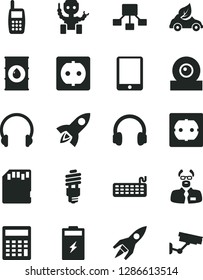 Solid Black Vector Icon Set - calculator vector, power socket type f, headphones, charging battery, oil, energy saving bulb, eco car, hierarchical scheme, mobile phone, tablet pc, keyboard, sd card