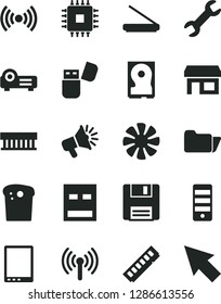 Solid Black Vector Icon Set - Easter cake vector, stall, loudspeaker, tablet pc, fan, radiator, tower, cpu, memory, hdd, usb, scanner, flash, folder, floppy, wireless, projector, repair, cursor